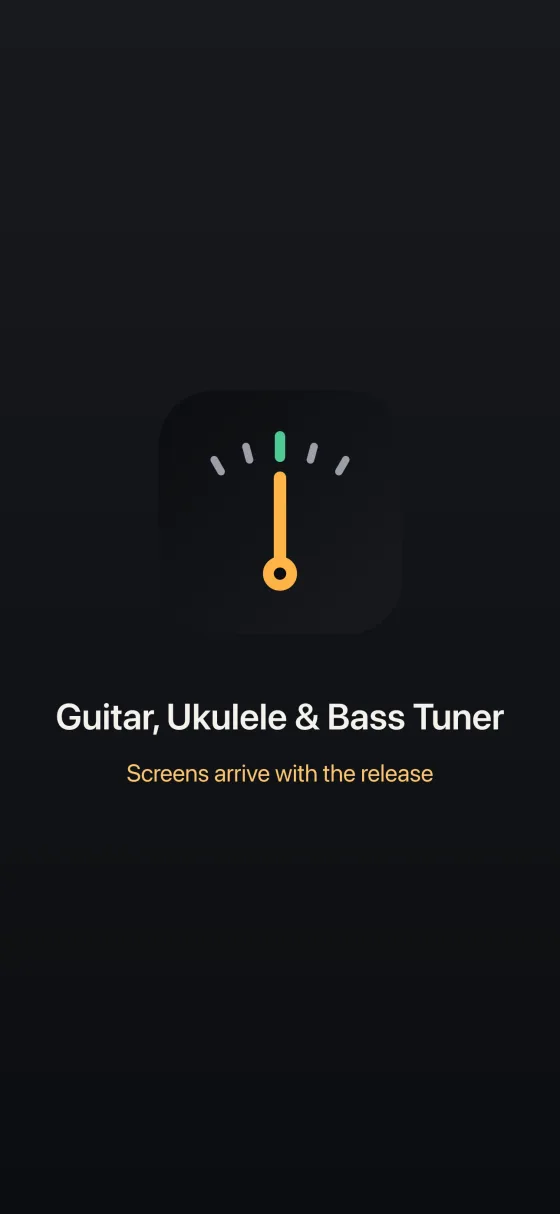 The Guitar, Ukulele & Bass Tuner icon, an amber needle upright over five ticks with the centre tick green, above the app name on a dark background. Screens of the app arrive with the release.